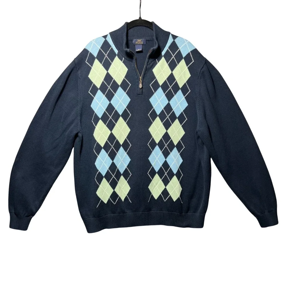 Vintage 90s Brooks Brothers Quarter Zip Sweater Mens XL Navy Blue Argyle‎